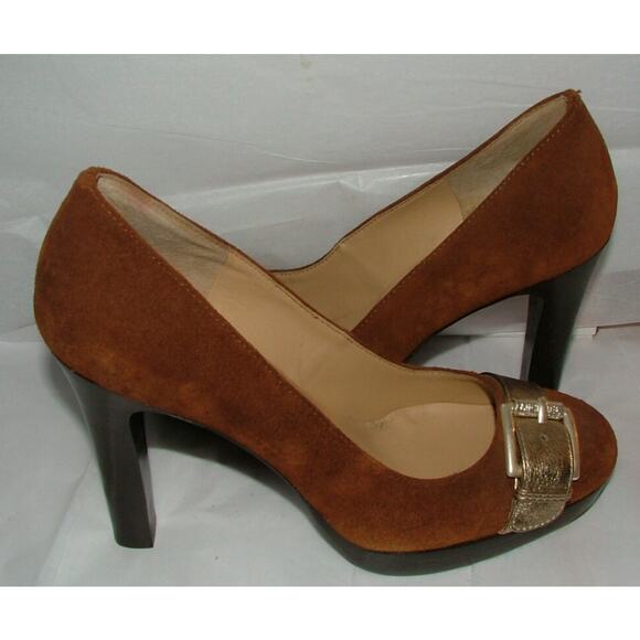 Michael Kors Shoes - Michael Kors Suede Gold Buckle Classic Pumps Heels Brown Cognac Camel Sz 6.5